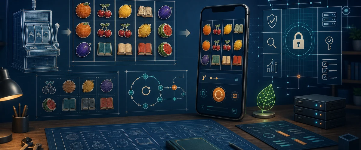 Redaktionelle Illustration eines Berliner Slot-Entwicklungsprozesses von der Gerätezeichnung zum sicher geprüften mobilen Spiel