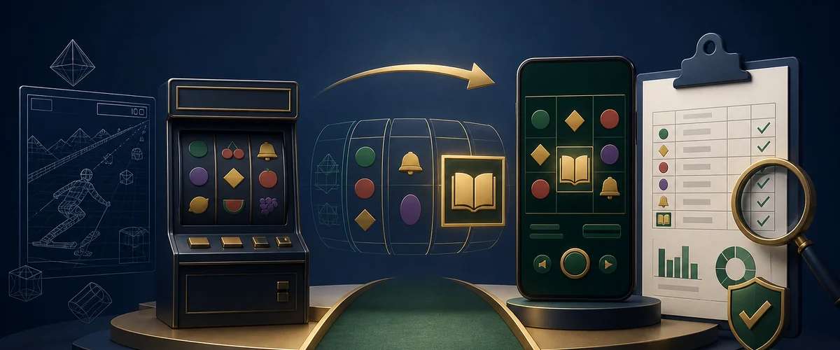 Redaktionelle Illustration zur Entwicklung von einem klassischen NOVOMATIC-Spielautomaten zu einem geprüften deutschen Online-Build