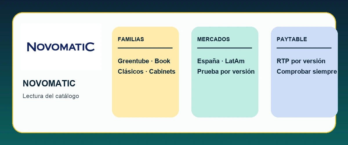 Mapa editorial de familias, mercados y comprobación de RTP de NOVOMATIC