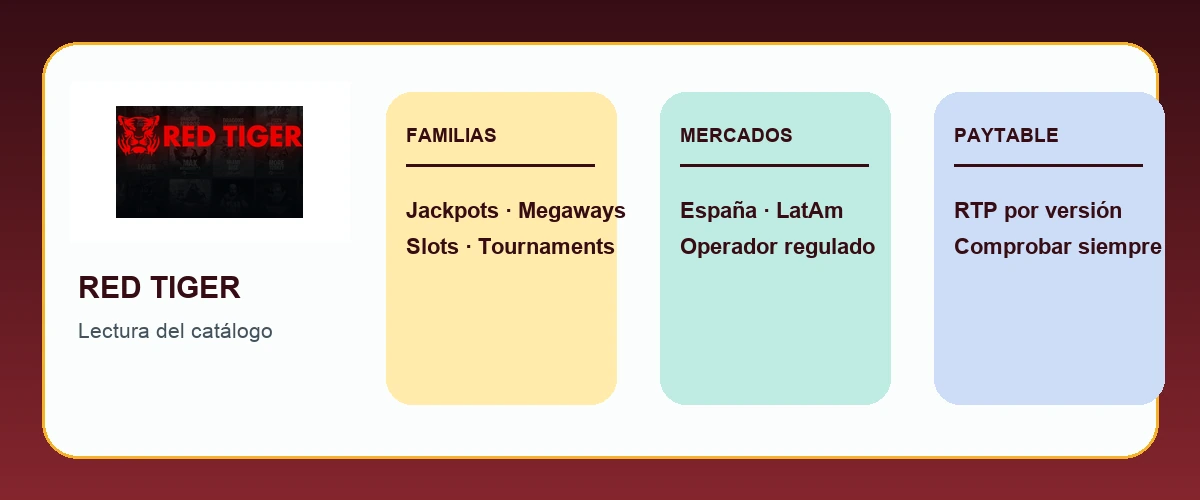 Mapa editorial de familias, mercados y comprobación de RTP de Red Tiger